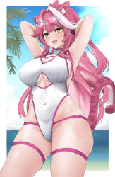 1girl :d absurdres aidoruhakase animal_ear_fluff animal_ears armpits arms_up border breasts cat_ears cat_girl cat_tail clothing_cutout covered_navel cowboy_shot curvy fangs hair_intakes heart_cutout highleg highleg_one-piece_swimsuit highres hololive hololive_english large_breasts long_hair one-piece_swimsuit open_mouth pink_hair raora_panthera slit_pupils smile solo swimsuit tail thigh_strap underboob_cutout very_long_hair virtual_youtuber white_border white_one-piece_swimsuit yellow_eyes