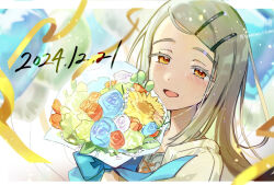 1girl balloon birthday blurry blurry_background blush bound bouquet brown_hair dated eyelashes flower gakuen_idolmaster hairband highres holding holding_bouquet idolmaster jacket long_hair looking_at_viewer open_mouth orange_eyes shinosawa_hiro shirt smile solo streamers sumomo_otome twitter_username upper_body white_shirt yellow_jacket
