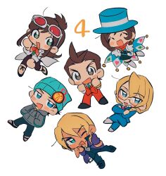 Rule 34 | 2girls, 4boys, :d, ace attorney, antenna hair, apollo justice, apollo justice: ace attorney, black hair, black pants, black shirt, blonde hair, blue cape, blue eyes, blue hat, blue suit, boots, brown eyes, brown hair, cape, chain, chain necklace, chibi, chibi only, coat, collared shirt, crossed legs, dark-skinned male, dark skin, drawstring, drill hair, earrings, ema skye, facial hair, formal clothes, green shirt, grgrton, group picture, hair over shoulder, hand on own face, hat, highres, hood, hoodie, jacket, jewelry, klavier gavin, kristoph gavin, long hair, multiple boys, multiple girls, neck ribbon, necklace, one eye closed, open mouth, pants, phoenix wright, pink ribbon, popped collar, purple jacket, red-tinted eyewear, red pants, red scarf, ribbon, scarf, semi-rimless eyewear, shirt, shoes, short hair, side drill, simple background, smile, stubble, suit, suit jacket, tinted eyewear, top hat, trucy wright, vest, waistcoat, white background, white coat, white shoes