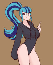 1girl breasts female_focus highres hood hoodie large_breasts leotard leotard_hoodie multicolored_hair my_little_pony my_little_pony:_equestria_girls my_little_pony:_friendship_is_magic ponytail scorpdk simple_background solo sonata_dusk standing
