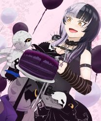 1girl absurdres arm_strap balloon black_arm_warmers black_choker black_hair book breasts cake choker cleavage food fork grey_hair highres holding holding_fork hololive hololive_english jewelry large_breasts misterrai multicolored_hair novelites_(shiori_novella) open_mouth ring shiori_novella shiori_novella_(1st_costume) split-color_hair striped_arm_warmers two-tone_hair virtual_youtuber yellow_eyes yorick_(shiori_novella)