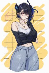 1girl absurdres alternate_costume alternate_hairstyle arm_under_breasts asymmetrical_horns black_cardigan black_hair blue_hair breasts bright_pupils cardigan cleavage colored_inner_hair commentary cowboy_shot cropped_legs denim flower glasses hand_up highres hololive hololive_english horn_flower horns jeans jewelry keisea looking_at_viewer midriff multicolored_hair navel necklace nerissa_ravencroft off_shoulder pants parted_bangs red_eyes semi-rimless_eyewear short_hair simple_background slit_pupils solo spoken_blush tank_top uneven_horns virtual_youtuber white_pupils white_tank_top