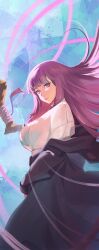 1girl black_robe blunt_bangs breasts dress fern_(sousou_no_frieren) highres holding holding_staff large_breasts long_hair long_sleeves looking_at_viewer loose_clothes mage_staff magic parted_lips pokoporoko purple_eyes purple_hair robe solo sousou_no_frieren staff white_dress