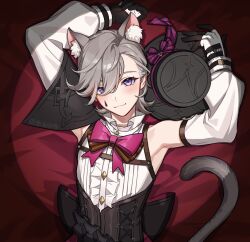 1boy animal_ear_fluff animal_ears asymmetrical_bangs back_bow black_corset black_gloves black_hat blonde_hair bow bowtie cat_boy cat_ears cat_tail corset detached_sleeves facial_mark genshin_impact gloves hat honlo lyney_(genshin_impact) male_focus multicolored_gloves pink_bow pink_bowtie purple_eyes smile solo tail top_hat unworn_hat unworn_headwear white_gloves white_sleeves