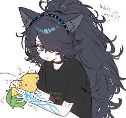 1girl :t ^^^ animal_ear_fluff animal_ears black_shirt blue_eyes body_markings cat_ears choker closed_mouth clothes_writing commentary corn dark_kasli_(nyanko_daisensou) eating ebora english_commentary english_text food food_on_face hair_over_one_eye hairband highres holding holding_food long_hair looking_at_viewer nyanko_daisensou shirt short_sleeves simple_background solo upper_body very_long_hair white_background