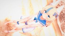 1girl 3d 3d_background animal_ear_fluff animal_ears beach blue_bow blue_eyes blue_hair blue_nails blue_scrunchie blush bow dress highres indie_virtual_youtuber looking_at_viewer low_twintails midriff navel open_clothes open_dress sameko_saba scrunchie smile twintails virtual_youtuber wataaamage wrist_scrunchie