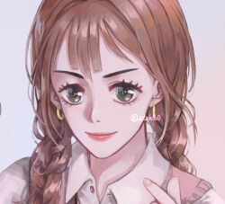 Rule 34 | 1girl, braided twintails, chocolat meilleure, close-up, closed mouth, collared shirt, commentary request, earrings, etok0u0, eyelashes, finger heart, green eyes, heart, highres, jewelry, korean commentary, looking at viewer, orange hair, pink sweater vest, shirt, smile, solo, sugar sugar rune, sweater vest, twitter username, white shirt