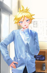 1boy :p absurdres blonde_hair blue_eyes blue_jacket blush commentary hand_on_own_hip head_tilt highres indoors jacket kagamine_len kubari long_sleeves looking_at_viewer male_focus nail_polish shirt sleeves_past_wrists solo tongue tongue_out v v_over_mouth vocaloid white_shirt yellow_nails