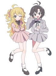 2girls :d :o ahoge antenna_hair black_eyes black_hair black_ribbon black_shoes blonde_hair blush collared_shirt full_body green_eyes grey_jacket grey_skirt hair_ribbon highres hoshii_miki idolmaster idolmaster_(classic) jacket kikuchi_makoto leg_up long_hair long_sleeves looking_at_viewer mary_janes multiple_girls neck_ribbon one_eye_closed open_clothes open_jacket open_mouth parted_lips pink_jacket pink_ribbon pink_skirt plaid_clothes plaid_jacket plaid_skirt pnt_0202 ribbon shirt shoes short_hair simple_background skirt sleeves_past_wrists smile socks standing standing_on_one_leg two_side_up white_background white_shirt white_socks