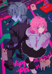 1boy 1girl absurdres black_dress black_jacket black_pants black_shoes black_socks black_suit blood bloody_knife cat cropped_hoodie dog dress formal_clothes from_above ginger_strings_(kaiba_seichoutsuu)_(zutomayo) ginger_strings_(zutomayo) gray-kun_(kaiba_seichoutsuu)_(zutomayo) gray-kun_(zutomayo) grey_eyes grey_hair grey_hoodie hands_in_pockets hedgehog highres hood hood_down hoodie jacket kaiba_seichoutsuu_(zutomayo) knife looking_at_another loose_socks messy_hair miiyoyuruhuwa nira-chan nira-chan_(kaiba_seichoutsuu)_(zutomayo) pants pink_hair purple_eyes purple_undershirt shiba_inu shoes sleeves_past_fingers sleeves_past_wrists socks song_name standing suit suit_jacket torn_clothes torn_suit traffic_cone uniguri_(zutomayo) very_long_sleeves white_shoes zutto_mayonaka_de_ii_no_ni