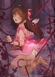 1boy absurdres ass bare_legs barefoot bdsm black_hair bondage bound bound_arms bound_legs bound_wrists feet highres long_hair looking_at_viewer looking_back original red_rope restrained rope shibari soles stationary_restraints toes trap yewang19