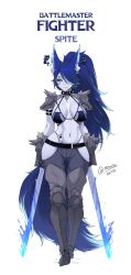 1girl animal_ear_fluff animal_ears armor bikini_armor blue_eyes blue_hair breasts chain collar colored_skin fire flaming_sword flaming_weapon gauntlets greaves high_ponytail highres indie_virtual_youtuber long_hair multicolored_hair myth1carts navel pauldrons piercing ponytail scar scar_across_eye scar_on_face shoulder_armor solo spikes spirit spite_(vtuber) sword tail tattoo virtual_youtuber weapon wolf wolf_ears wolf_girl wolf_tail