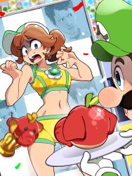 1girl 2boys absurdres blue_eyes bongfill brown_hair earrings elephant_fruit facial_hair flower_earrings gloves green_hat hat highres jewelry luigi mario_(series) mario_kart mario_kart_world midriff multiple_boys mustache navel nintendo open_mouth ponytail princess_daisy princess_daisy_(swimwear)_(mario_kart_world) trophy white_gloves zack_scott zackscottgames