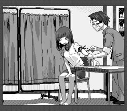 1boy 1girl barefoot between_legs border breasts chair crying glasses greyscale gym_uniform hamsterfragment hand_between_legs holding holding_syringe indoors jaggy_lines leaning_forward lowres mask medium_breasts medium_hair monochrome mouth_mask on_chair original pants shirt short_hair short_shorts short_sleeves shorts sitting suicidal_girl_(hamsterfragment) surgical_mask syringe table tourniquet
