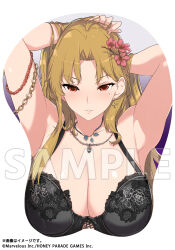 1girl adjusting_hair arms_behind_head black_bra blonde_hair blush bra breasts cleavage commentary_request copyright_notice daidouji_(senran_kagura) earrings flower food-themed_earrings gold_armlet hair_flower hair_ornament highres jewelry lace lace-trimmed_bra lace_trim large_breasts long_hair looking_at_viewer marvelous merchandise_available mole mole_under_eye mousepad_(medium) necklace official_art open_mouth parted_bangs red_eyes red_flower sample_watermark senran_kagura single_earring smile solo underwear watermark yaegashi_nan
