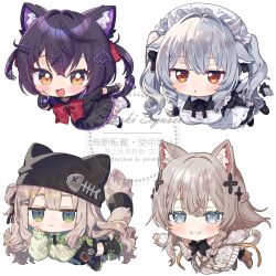 4girls :3 :d :o animal_ear_fluff animal_ears apron arm_warmers beanie black_boots black_bow black_bowtie black_dress black_hat black_necktie black_ribbon black_sailor_collar black_shirt black_shoes black_skirt blue_eyes blush boots bow bowtie breasts brown_boots cardigan cat_ears cat_girl cat_tail chibi chibi_only chocolat_(vrchat) closed_mouth commentary_request cow_ears cow_girl cow_tail crossed_bangs double-parted_bangs dress frilled_apron frills full_body green_eyes green_shirt green_sweater_vest grey_cardigan grey_hair grin hair_ornament hair_ribbon hairclip hand_up hat juliet_sleeves kipfel_(vrchat) kirisaki_shuusei lace-up_boots large_breasts long_hair long_sleeves looking_at_viewer maid maid_headdress milltina_(vrchat) miniskirt multiple_girls necktie open_mouth orange_eyes parallel_hairclips parted_lips pleated_skirt puffy_sleeves purple_hair red_bow red_bowtie red_eyes ribbon sailor_collar shinano_(vrchat) shirt shoes short_hair short_sleeves simple_background skirt smile socks sweater_vest tail twintails vrchat watermark white_apron white_background white_socks wing_hair_ornament x_hair_ornament