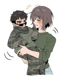1boy 1girl age_difference aged_down black_hair brown_eyes brown_hair burn_scar call_of_duty call_of_duty:_modern_warfare_2 camouflage carrying carrying_person closed_eyes green_sweater grin horangi_(modern_warfare_2) looking_at_another niktatek0 original parted_lips scar short_hair simple_background smile sunglasses sweater white_background