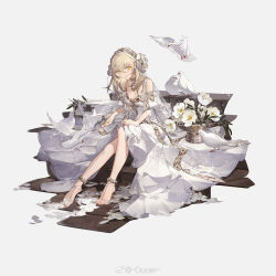 1girl anklet bare_shoulders barefoot bird blonde_hair breasts clothing_cutout detached_collar dlgeria dove dress feeding feeding_animal feet flower flower_basket food full_body girls&#039;_frontline grin hair_flower hair_ornament hairband high-low_dress high-low_skirt highres holding holding_food jewelry long_hair looking_at_viewer medium_breasts official_alternate_costume official_art on_stairs petals puffy_short_sleeves puffy_sleeves short_sleeves shoulder_cutout sitting smile solo toes watermark weibo_watermark white_background white_bird white_dress white_flower white_hairband x95_(girls&#039;_frontline) yellow_eyes