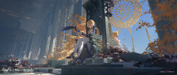 1girl absurdres alternate_eye_color backlighting bare_legs bare_shoulders bat_ornament bird black_ribbon blonde_hair bow breasts castle choker cosplay crow dappled_sunlight day detached_sleeves dress fischl_(ein_immernachtstraum)_(genshin_impact) fischl_(ein_immernachtstraum)_(genshin_impact)_(cosplay) fischl_(genshin_impact) frills gem genshin_impact hair_over_one_eye hair_ribbon high_heels highres hugging_own_legs jewelry light_rays long_hair long_sleeves looking_at_viewer official_alternate_costume official_alternate_eye_color oz_(genshin_impact) palace pantyhose plant purple_bow purple_choker purple_dress purple_footwear purple_gemstone purple_ribbon purple_sleeves red_eyes ribbon scenery single_leg_pantyhose single_thighhigh sky small_breasts smile sunlight thighhighs thighs throne tiara two_side_up void_0 white_pantyhose white_thighhighs