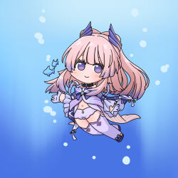 1girl air_bubble bare_shoulders blush bow bow-shaped_hair bubble chibi closed_mouth commentary_request day dress full_body genshin_impact gloves gradient_hair highres long_sleeves looking_at_viewer mokkyo_(motkyo) multicolored_hair navel outdoors pink_hair purple_bow purple_dress purple_eyes purple_gloves purple_hair purple_sandals purple_shorts purple_thighhighs sandals sangonomiya_kokomi shorts smile solo thighhighs underwater water wide_sleeves