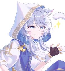 Rule 34 | 1girl, absurdres, animal ears, black gloves, blue eyes, cat ears, cat girl, cat tail, cipher (atticus) (honkai: star rail), cipher (honkai: star rail), commentary, fingerless gloves, gloves, grey hair, highres, honkai: star rail, honkai (series), horns, official alternate costume, robe, short hair with long locks, simple background, solo, ssideu (cid1129), symbol-only commentary, tail, upper body, white background, white horns, white robe, yellow nails