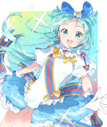 1girl :d blue_bow blue_choker blue_eyes blue_hair blue_wrist_cuffs bow breasts choker commentary_request earrings floating_hair frilled_choker frilled_leotard frills gloves hair_bow hazuki_(sutasuta) highres jewelry leotard long_hair looking_at_viewer magical_girl open_mouth princess_ripple princession_orchestra puffy_short_sleeves puffy_sleeves short_sleeves showgirl_skirt small_breasts smile solo sorano_minamo sphere_earrings teeth upper_teeth_only very_long_hair white_gloves white_leotard wrist_cuffs