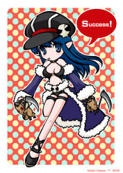 1girl baphomet_jr black_hat black_shoes black_shorts black_tank_top blue_cape blue_eyes blue_hair blue_sleeves breasts cape cigarette cleavage clothing_cutout commentary_request detached_sleeves english_text full_body fur-trimmed_cape fur-trimmed_sleeves fur_trim hat hat_ornament long_hair looking_at_viewer medium_breasts newsboy_cap pointy_ears polka_dot polka_dot_background ragnarok_online red_background scythe shoes short_shorts shorts skull_hat_ornament solo spiked_anklet stalker_(ragnarok_online) stomach_cutout tank_top waist_cape yazawa_kazuki
