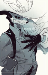 1boy arm_behind_back babeldj blue_eyes claws commentary_request cowboy_shot fox_boy furry furry_male gloves hand_on_own_chest hat highres looking_at_viewer male_focus mask masquerade_mask original shirt side_cape simple_background solo spot_color tail