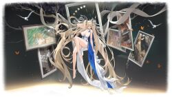 1girl absurdly_long_hair absurdres alternate_costume arm_behind_head arm_up azur_lane bare_shoulders bird blonde_hair blue_ribbon bow breasts bug butterfly cleavage closed_mouth cocktail_dress collarbone dove dress empty_picture_frame evening_gown floating floating_object flower formidable_(anniversary_memories)_(azur_lane) formidable_(azur_lane) hair_between_eyes hair_ornament halter_dress halterneck hand_in_own_hair hand_up high_heels highres holding huge_breasts illustrious_(azur_lane) implacable_(azur_lane) indomitable_(azur_lane) insect kincora knee_up knees_up large_breasts legs long_hair long_legs non-web_source official_alternate_costume official_art photo_(object) picture_frame portrait_(object) red_eyes ribbon sitting skindentation sleeveless sleeveless_dress star_(symbol) stiletto_heels strappy_heels thighs tree twintails two-sided_dress two-sided_fabric two-tone_cape unicorn_(azur_lane) very_long_hair victorious_(azur_lane) white_bird white_dress white_flower