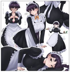 Rule 34 | 1girl, absurdres, alternate costume, animal ears, apron, black dress, black hair, black nails, bow, breasts, cat ears, cleavage, cup, dismaiden, dress, enmaided, food, glasses, highres, holding, holding tray, komi-san wa komyushou desu, komi shouko, large breasts, long hair, maid, maid apron, maid headdress, multiple views, orange bow, tray, white apron