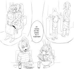2girls agemmata ahoge animal_ears boots bow bowl braid chopsticks closed_mouth clothes_pull eating food greyscale hair_bow hair_ornament heart heart_hair_ornament highres holding holding_chopsticks kaminari_clara lineart long_hair long_sleeves looking_at_another monochrome multiple_girls noodles on_toilet open_mouth phase_connect pipkin_pippa plate rabbit_ears rabbit_hair_ornament ramen sandals shirt short_sleeves shorts shorts_pull side_ponytail sitting sitting_on_lap sitting_on_person skirt skirt_pull smile standing sweater toilet_use twin_braids urinal virtual_youtuber white_background