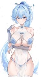 1girl absurdres arm_under_breasts bare_shoulders blue_eyes blue_hair blue_panties breasts character_pria closed_mouth clothing_cutout commentary covered_navel cowboy_shot dress gurami_(zangizarang) hair_ornament hairpin hand_up highres large_breasts long_hair looking_at_viewer multi-strapped_panties original panties pelvic_curtain pointing pointing_at_self ponytail see-through_clothes see-through_dress simple_background sleeveless sleeveless_dress smile solo string_panties thigh_gap thighs underboob underboob_cutout underwear very_long_hair white_background white_dress