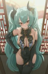 1girl absurdres black_gloves black_horns black_thighhighs breasts china_dress chinese_clothes commentary commission covered_navel demon_girl demon_horns dress elbow_gloves english_commentary gloves hair_between_eyes hand_on_own_hip hand_on_own_leg highres horns long_hair original pelvic_curtain red_eyes tachibana_wataru_(123tsuki) thighhighs tsurime twintails very_long_hair