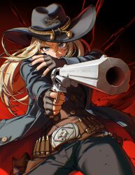 Rule 34 | 1girl, absurdres, aiming, belt, belt buckle, black gloves, black pants, blonde hair, blue eyes, blue jacket, blue nails, brown belt, buckle, bullet, bypos, closed mouth, commentary, cowboy hat, english commentary, english text, finger on trigger, fingerless gloves, gloves, gun, handgun, hat, highres, holding, holding gun, holding weapon, jacket, long hair, looking at viewer, nail polish, open clothes, open jacket, original, pants, red background, revolver, solo, weapon