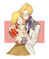 Rule 34 | 1boy, 1girl, ambiguous gender, baby, blonde hair, blush, bokujou monogatari, bokujou monogatari: mittsu no sato no taisetsuna tomodachi, border, carrying, carrying baby, carrying person, commentary, commission, cropped legs, english commentary, family, father and child, ford (bokujou monogatari), glasses, happy, happy tears, highres, hug, hug from behind, husband and wife, if they mated, mother and child, nanami (bokujou monogatari), necktie, purple eyes, round eyewear, siblings, simple background, smile, t0t0m0, tears, twins, white border, white necktie