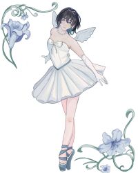 Rule 34 | 1girl, alien stage, alternate costume, ballerina, ballet slippers, black hair, blue eyes, blue shoes, bow, chest bow, commentary, dress, earrings, elbow gloves, en pointe, english commentary, flower, full body, gloves, highres, jewelry, lily (flower), medium hair, necklace, pannpanboo, pearl earrings, pearl necklace, shoes, solo, sua (alien stage), white bow, white dress, white flower, white gloves, white lily, white wings, winding key, wings