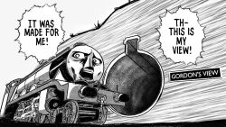 1boy commentary english_commentary english_text greyscale hole_in_wall locomotive male_focus monochrome parody right-to-left_comic solo steam_locomotive sweatdrop the_enigma_of_amigara_fault thomas_the_tank_engine thomas_the_tank_engine_(character) winwatch98