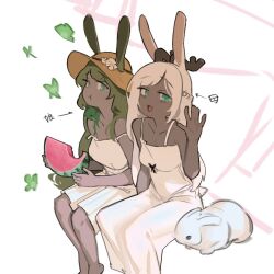 Rule 34 | 2girls, :t, alternate costume, ancient rabbit, animal ears, antlers, bags under eyes, blue eyes, breasts, brown horns, bug, butterfly, closed mouth, dark-skinned female, dark skin, dress, druid rabbit, eating, feet out of frame, food, fruit, gomiba koko, green butterfly, green eyes, green hair, hat, horns, insect, long hair, looking at viewer, medium breasts, multiple girls, open mouth, rabbit, rabbit and steel, rabbit ears, rabbit girl, rabbit tail, sitting, small breasts, smile, straw hat, sun hat, sundress, tail, translation request, watermelon, watermelon slice, white background, white dress, white hair