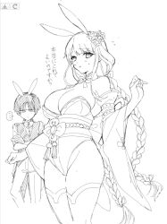 1boy 1girl adapted_costume alternate_costume animal_ears arm_at_side armpit_crease blunt_bangs blunt_ends bow bowtie braid breasts chinese_knot chipietsu cleavage clenched_hand crossed_arms crotch curled_fingers detached_sleeves fake_animal_ears flower flying_sweatdrops genshin_impact glaring hair_flower hair_ornament hand_up highleg highleg_leotard highres large_breasts leotard light_blush long_hair long_sidelocks looking_at_viewer low-braided_long_hair low-tied_long_hair low_twin_braids male_playboy_bunny monochrome mother_and_son nontraditional_playboy_bunny obi obiage obijime pants parted_lips rabbit_ears raiden_shogun ribbon sanpaku sash scaramouche_(genshin_impact) short_sleeves shrug_(clothing) sideboob sidelocks single_sidelock sketch strapless strapless_leotard sweatdrop tassel thighhighs twin_braids very_long_hair vest wide_sleeves