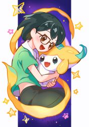 1boy :d affectionate arutarika_(ri_kaoekaki) brown-framed_eyewear brown_eyes commentary_request from_side gen_3_pokemon glasses green_shirt happy highres holding holding_pokemon jirachi legendary_pokemon male_focus max_(pokemon) mythical_pokemon nintendo open_mouth pokemon pokemon:_jirachi:_wish_maker pokemon_(anime) pokemon_(creature) pokemon_rse_(anime) shirt short_hair short_sleeves shorts smile star_(symbol)