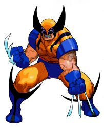 1990s_(style) 1boy absurdres arm_hair beard bengus blue_gloves bodysuit claws clenched_hands clenched_teeth facial_hair facing_viewer fighting_stance full_body game_cg gloves highres looking_at_viewer male_focus marvel_vs._capcom mask muscular muscular_male non-web_source official_art pectorals retro_artstyle simple_background solo superhero_costume teeth veins veiny_arms weapon western_comics_(style) white_background wolverine_(x-men) x-men_vs._street_fighter
