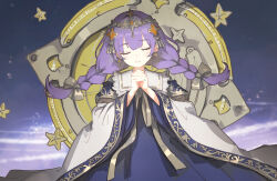 Rule 34 | 1girl, bespin, blue dress, blue sky, braid, closed eyes, collar, comiket 106, dress, headdress, long sleeves, original, own hands clasped, own hands together, purple hair, sky, solo, star (symbol), twin braids, white collar, wide sleeves