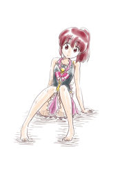 1girl adapted_costume aino_megumi barefoot black_shirt bow bowtie brooch collarbone cosplay cure_lovely cure_lovely_(cosplay) female_focus full_body happinesscharge_precure! head_tilt heart heart_brooch jewelry long_hair looking_down miniskirt nita_(onakatohoppe) pleated_skirt ponytail precure purple_skirt red_bow red_bowtie red_eyes red_hair shirt simple_background sketch skirt sleeveless sleeveless_shirt solo squatting wet white_background