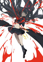 1girl absurdres aritsuno black_choker black_gloves black_hair black_serafuku black_shoes black_skirt black_socks blue_archive blue_eyes choker commentary_request floating_hair full_body gloves halo highres ichika_(blue_archive) long_hair looking_at_viewer low_wings midriff navel own_hands_together red_halo school_uniform serafuku shoes skirt smile socks solo wings