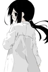 1girl black_eyes black_hair glasses h3n_sw lab_coat looking_at_viewer looking_back low_twintails shimeji_simulation solo tsukishima_mina tsukishima_shijima&#039;s_sister twintails white_background