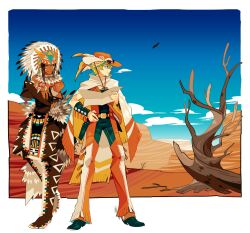 2boys blue_eyes brown_eyes brown_hair canyon chaps commentary_request cowboy cowboy_hat cowboy_western crossed_arms desert dreamcatcher edarow full_body green_hair hand_on_own_hip hat headdress holding holding_map holding_paper looking_to_the_side male_focus map multiple_boys native_american_headdress original outdoors paper pelvic_curtain short_hair standing western