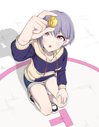 1girl anglediana arm_up bang_dream! bang_dream!_it&#039;s_mygo!!!!! blue_hoodie blue_shorts brown_eyes chinese_commentary commentary_request copyright_request grey_hair highres hood hood_down hoodie long_sleeves open_mouth parody_request shadow short_hair shorts solo squatting takamatsu_tomori varia