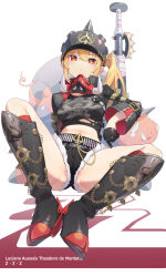 Rule 34 | 1girl, absurdres, baseball bat, black gloves, black hat, black jacket, black shorts, blonde hair, boots, breasts, closed mouth, combat helmet, crop top, dosei, full body, gloves, hair between eyes, hat, helmet, highres, jacket, long hair, looking at viewer, luciana de montefio, lucy&#039;s crew (zenless zone zero), medium breasts, navel, pickelhaube, red eyes, short shorts, shorts, sidelocks, sitting, solo, spread legs, zenless zone zero