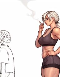 1boy 1girl abs absurdres chainsaw_man cigarette english_text eyepatch hand_on_own_hip height_difference highres mature_female muscular muscular_female navel nervous_sweating parody ponytail quanxi_(chainsaw_man) redteneri short_shorts shorts size_difference smoke smoking sports_bra sportswear sweat tall_female textless_version thick_thighs thighs white_hair