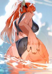 Rule 34 | 1girl, adjusting clothes, adjusting swimsuit, ass, ass focus, competition swimsuit, freckles, from below, highres, ishmael (project moon), limbus company, long hair, one-piece swimsuit, orange hair, project moon, solo, swimsuit, tan, tanline, water, wet, yongsadragon